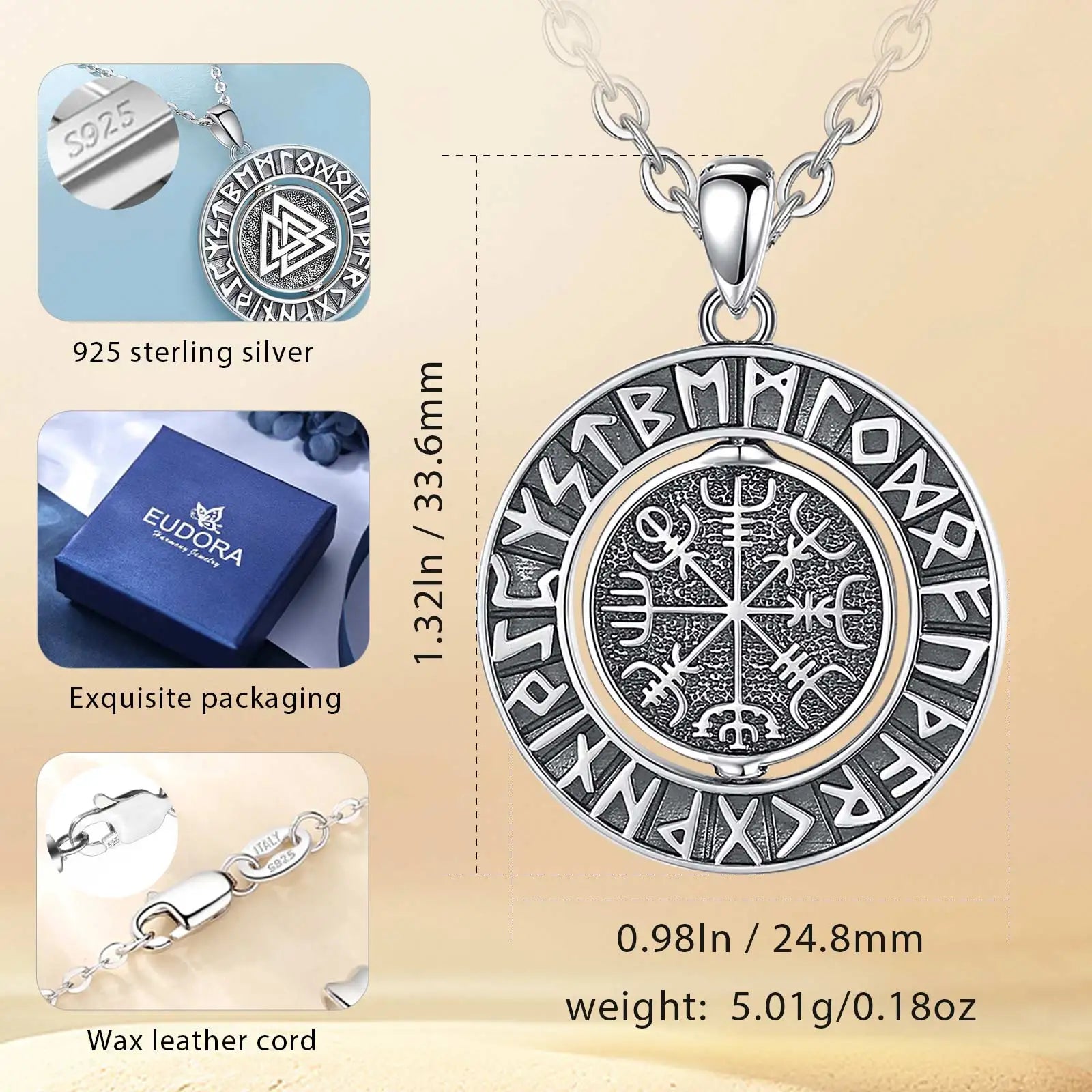 Runes viking 925 Sterling Silver for Women Man Compass Norse Viking Amulet Necklace rotatable