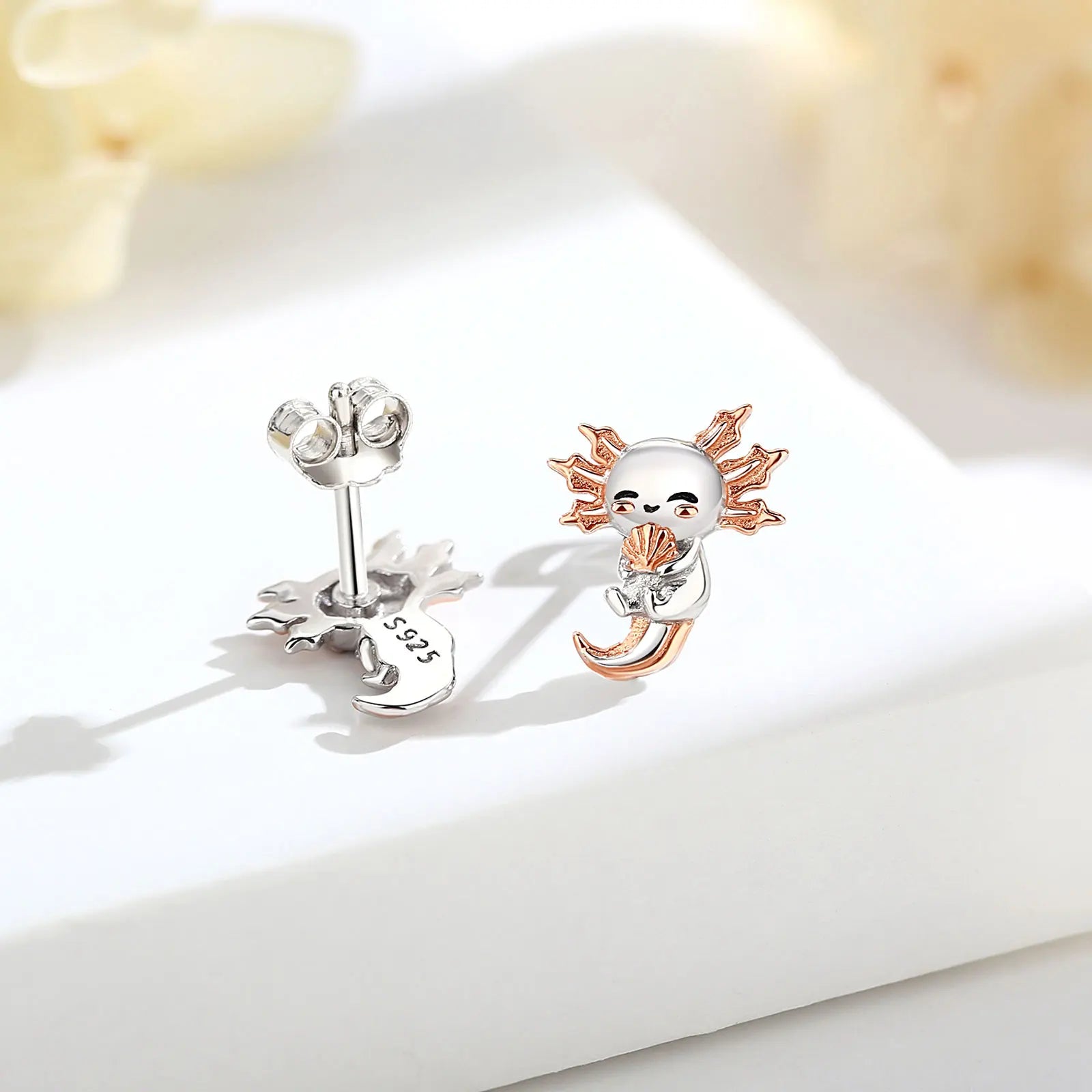 Cute Axolotl 925 Sterling Silver  Earrings Kawaii Zircon Axolotl Stud Earrings Animal Jewelry Christmas Gift for Woman