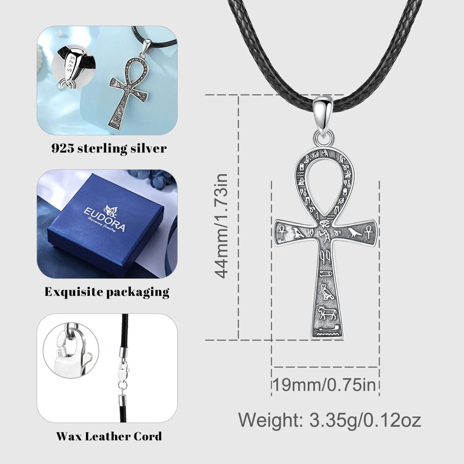Necklace for Women Man 925 Sterling Silver Ancient Egyptian Cross  Fine Ankh Cross Amulet Pendant