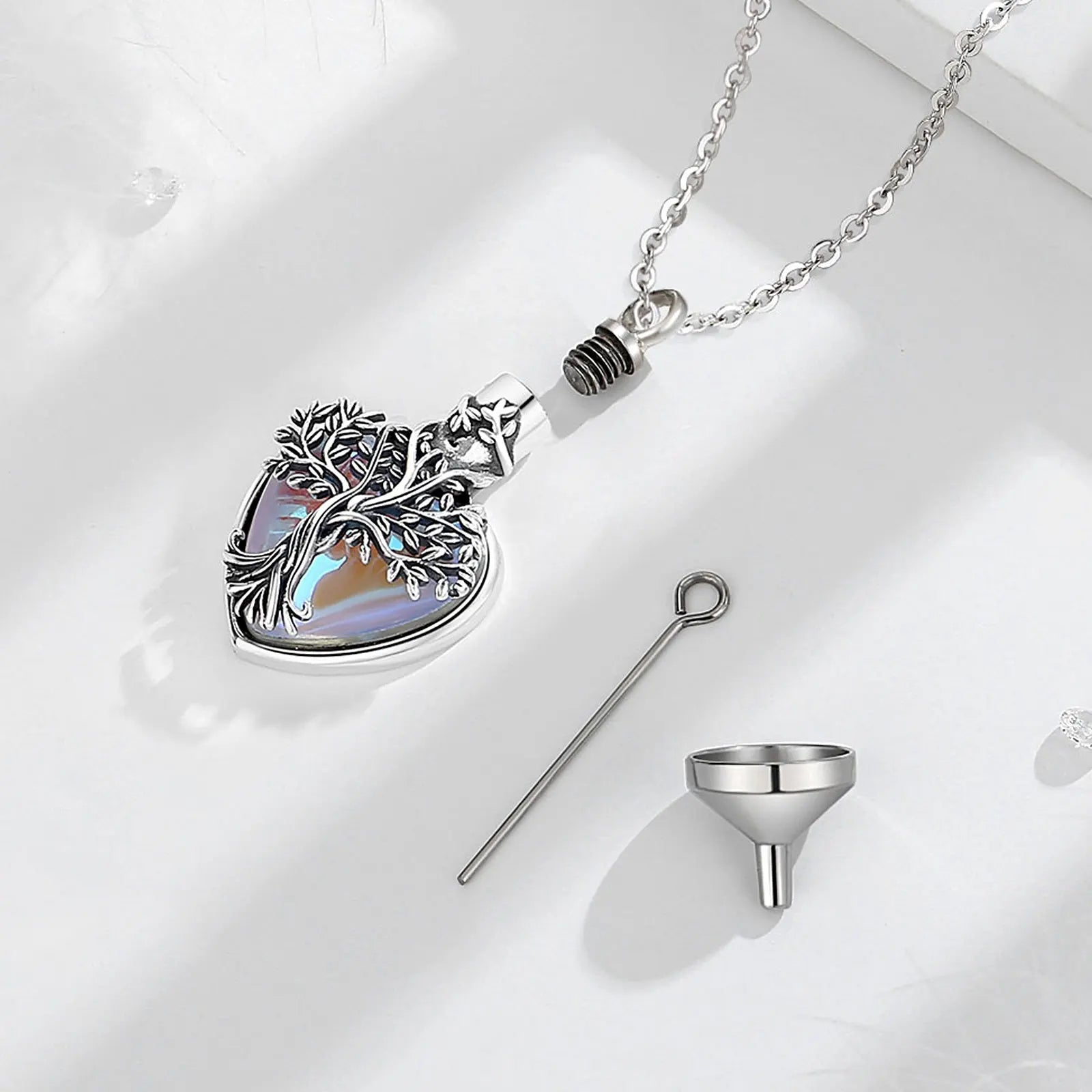 Necklace 925 Sterling Silver Tree of Life Ashes Urn Pendant  Vintage Tree Moonstone Cremation Urn Memorial Jewelry Gift