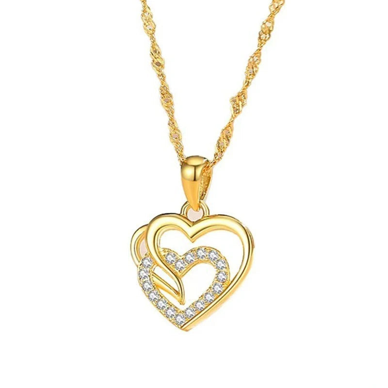 Necklace and Earrings Golden Double Heart