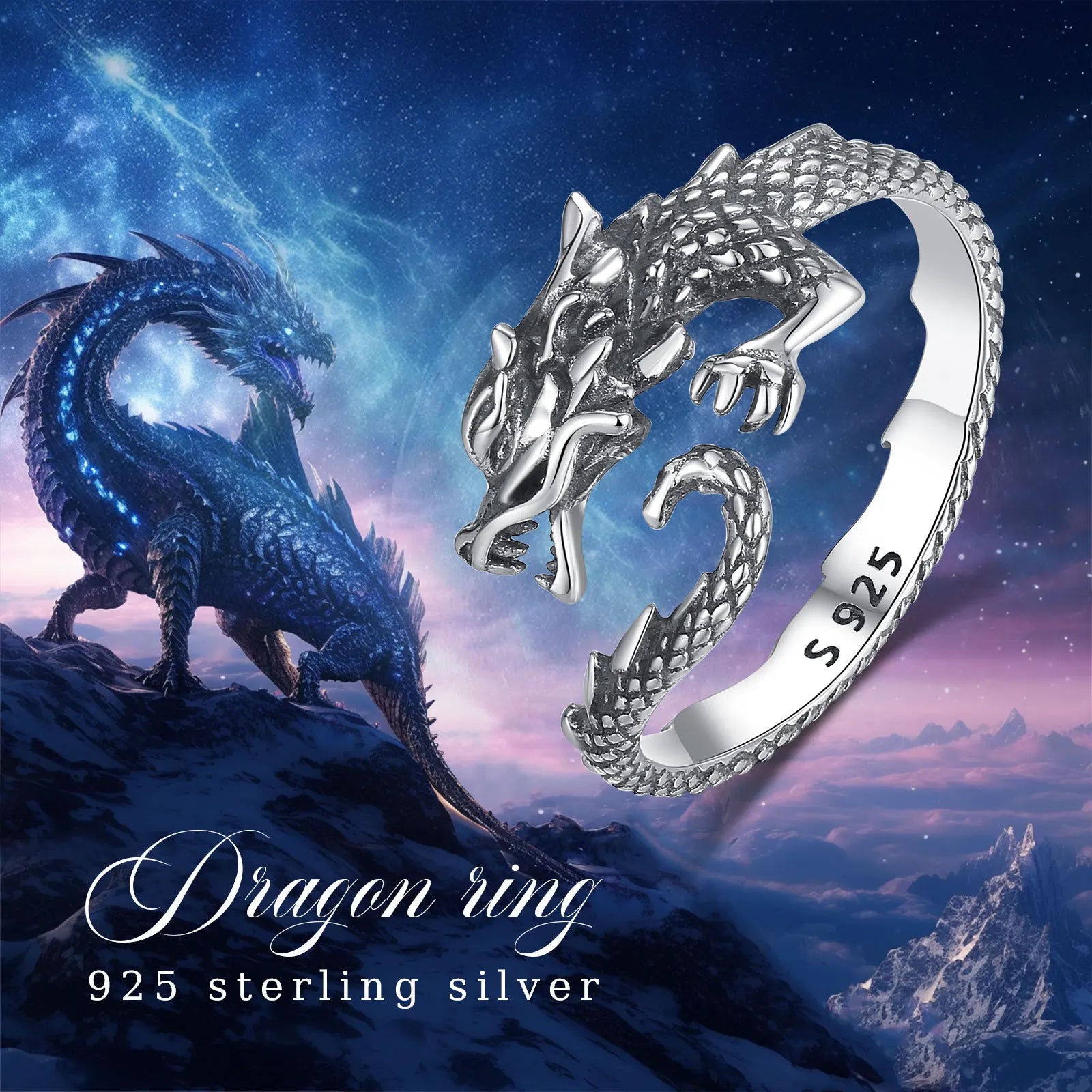 Ring 925 Sterling Silver Cool Dragon Adjustable for Men Women Temperament Personality Dragon Ring vintage Jewelry Gift