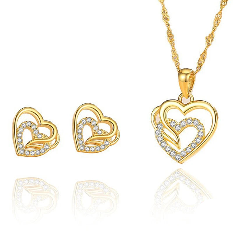 Necklace and Earrings Golden Double Heart