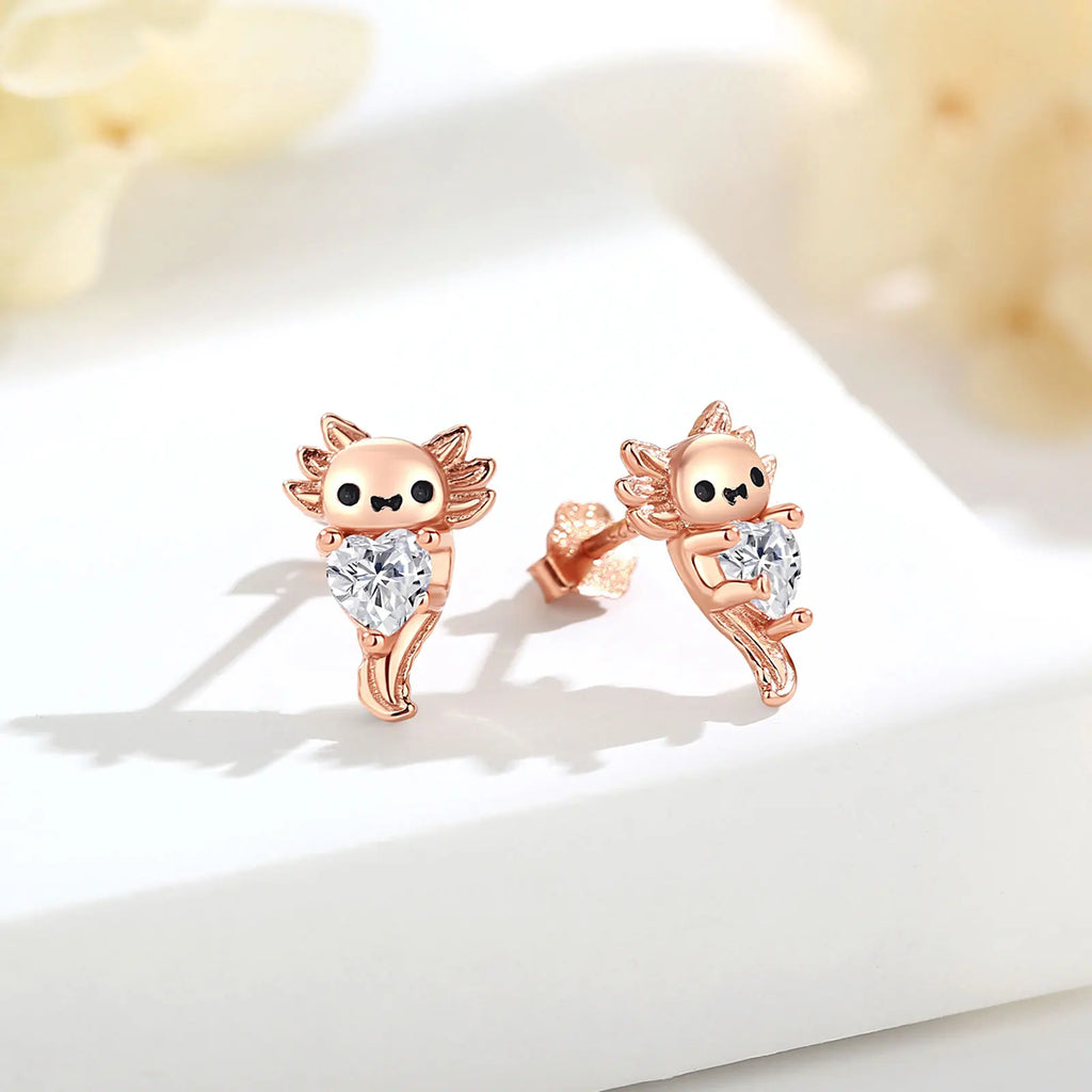 Cute Axolotl 925 Sterling Silver  Earrings Kawaii Zircon Axolotl Stud Earrings Animal Jewelry Christmas Gift for Woman