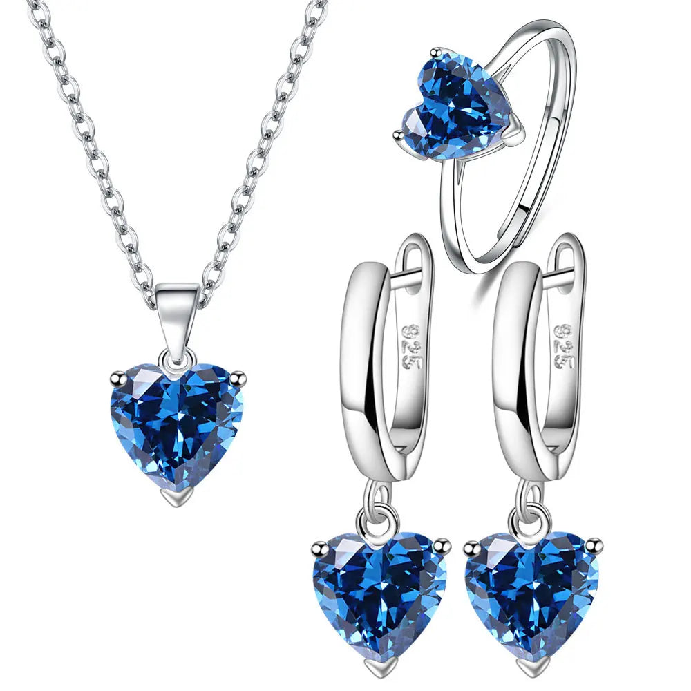 Necklace/Earrings/Ring 925 Sterling Silver Jewelry Sets For Women Heart Zircon  Wedding Bridal Elegant Christmas