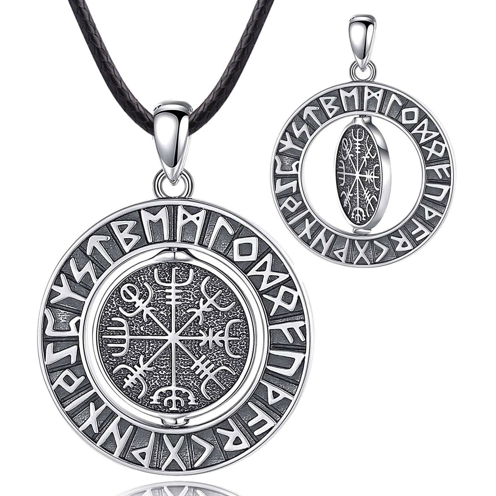 Runes viking 925 Sterling Silver for Women Man Compass Norse Viking Amulet Necklace rotatable