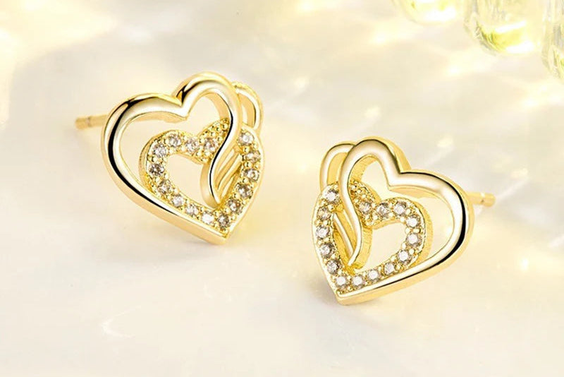 Necklace and Earrings Golden Double Heart