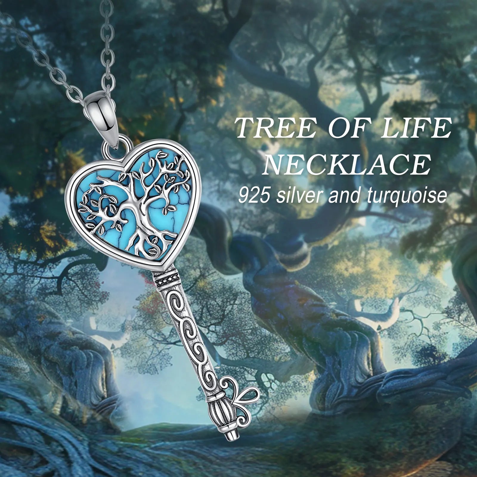 Necklace for Women 925 Sterling Silver Tree of Life Turquoise Yggdrasil key Pendant Tree Heart