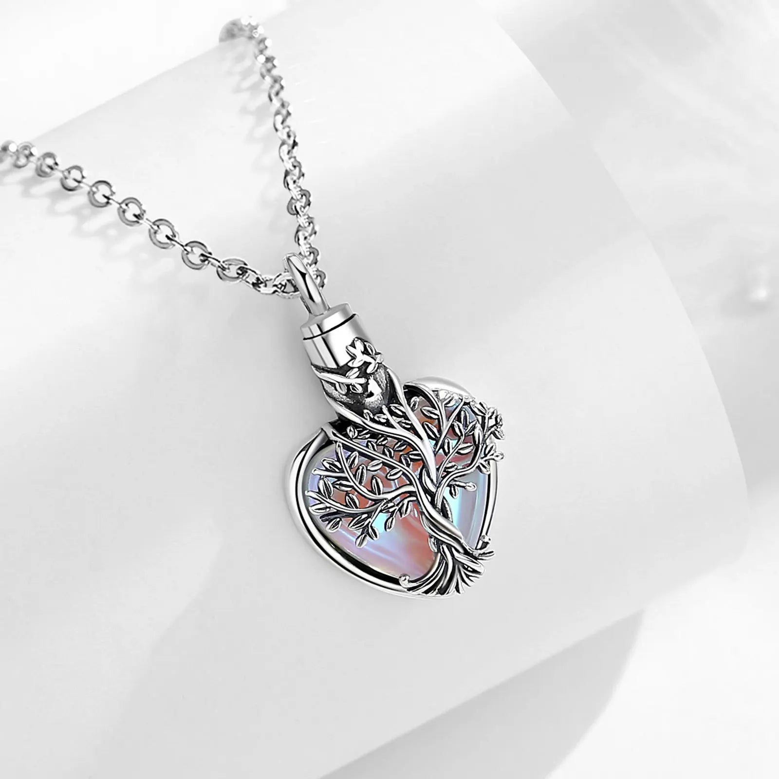 Necklace 925 Sterling Silver Tree of Life Ashes Urn Pendant  Vintage Tree Moonstone Cremation Urn Memorial Jewelry Gift