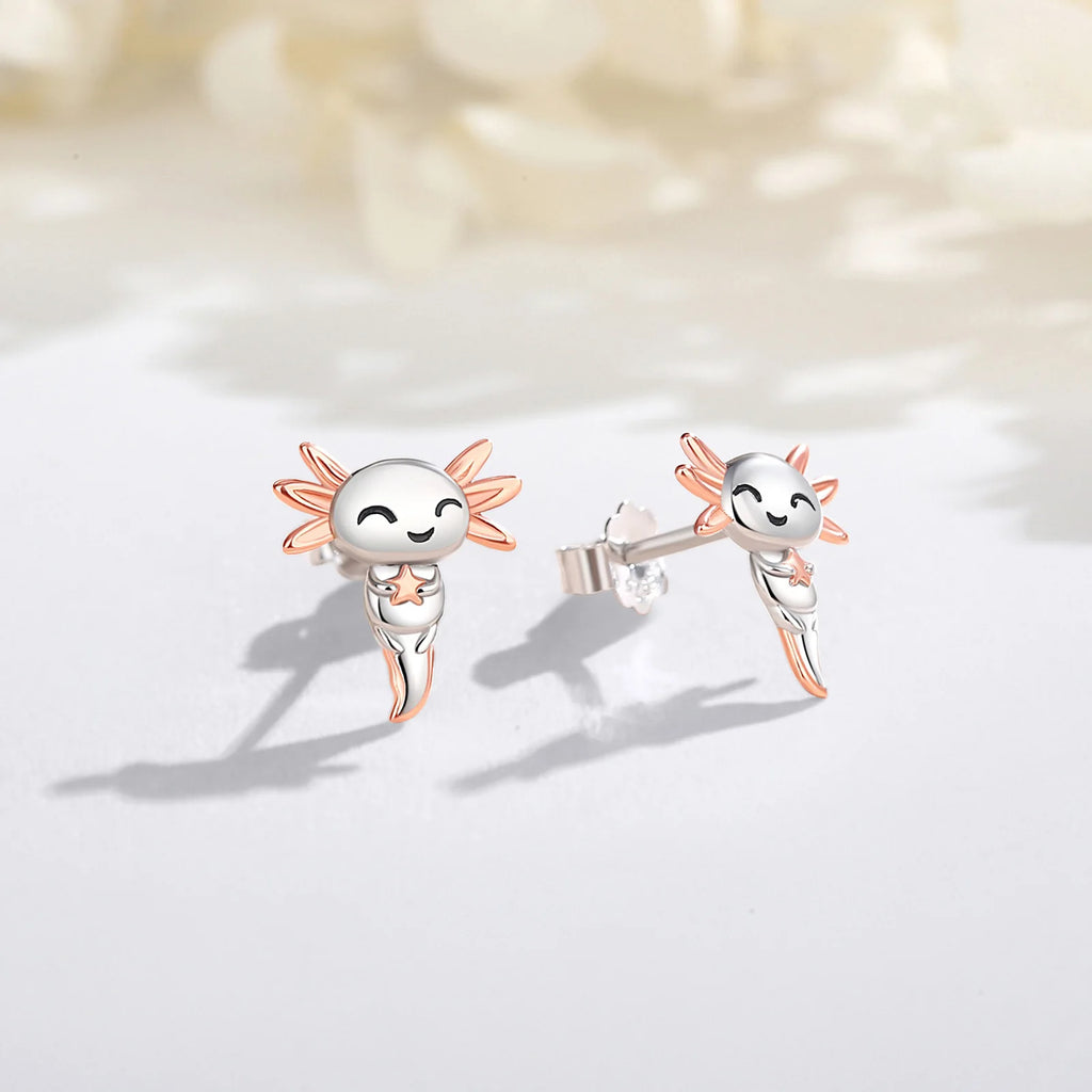 Cute Axolotl 925 Sterling Silver  Earrings Kawaii Zircon Axolotl Stud Earrings Animal Jewelry Christmas Gift for Woman