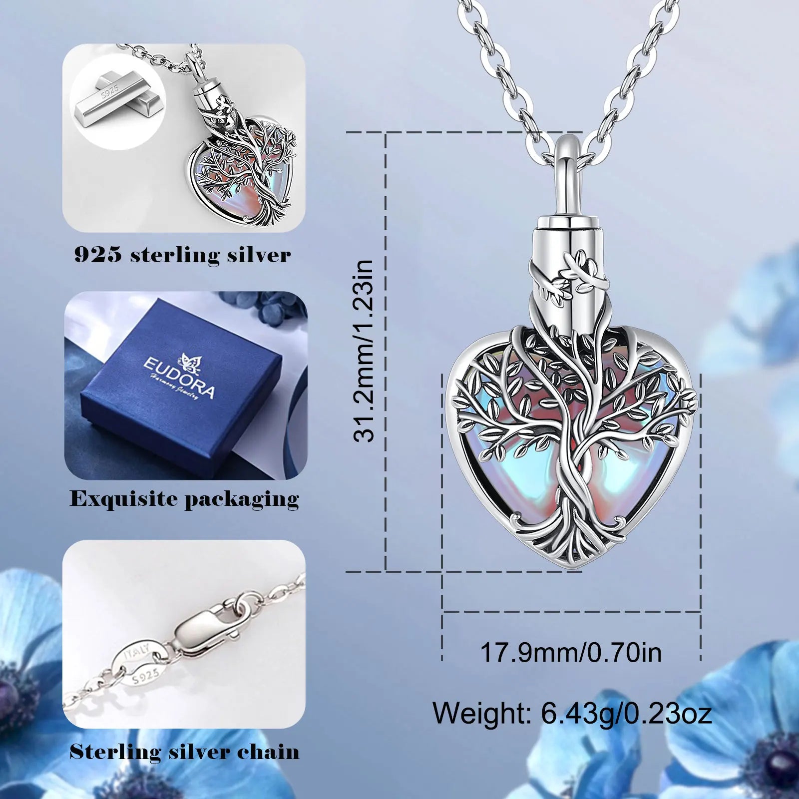 Necklace 925 Sterling Silver Tree of Life Ashes Urn Pendant  Vintage Tree Moonstone Cremation Urn Memorial Jewelry Gift