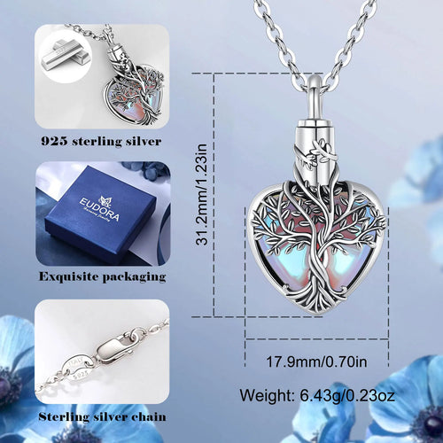 Necklace 925 Sterling Silver Tree of Life Ashes Urn Pendant  Vintage Tree Moonstone Cremation Urn Memorial Jewelry Gift