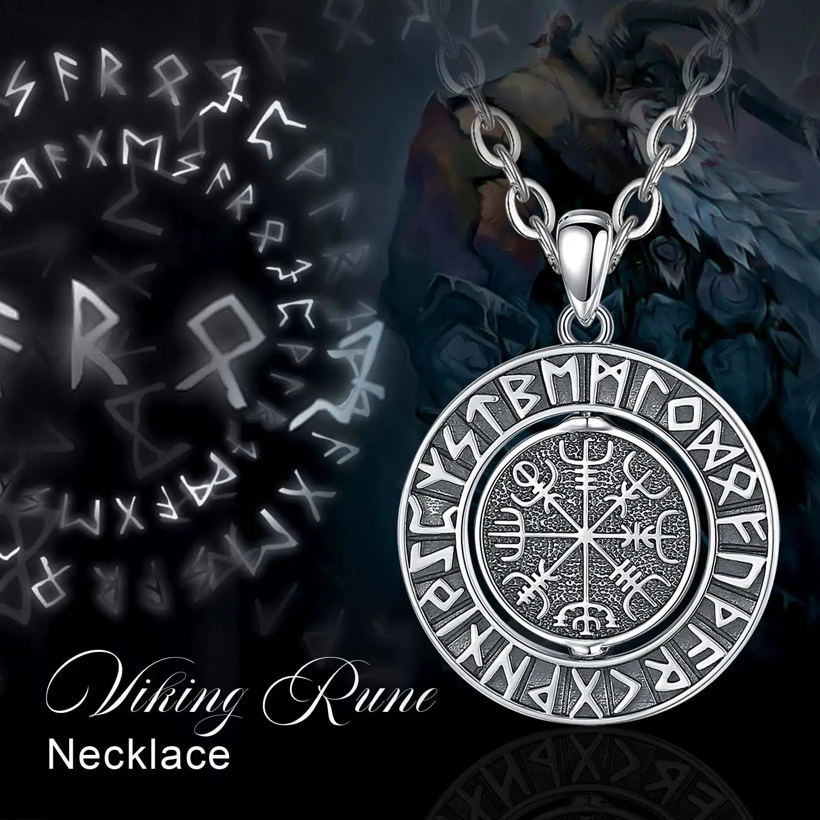 Runes viking 925 Sterling Silver for Women Man Compass Norse Viking Amulet Necklace rotatable