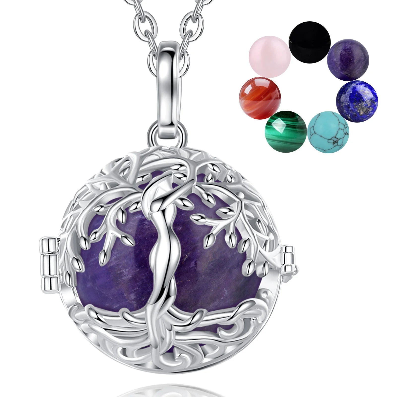 Necklace Tree of Life Cage  Amethyst Energy Healing Crystal Stone Jade Lapis Pendant Spiritual DIY