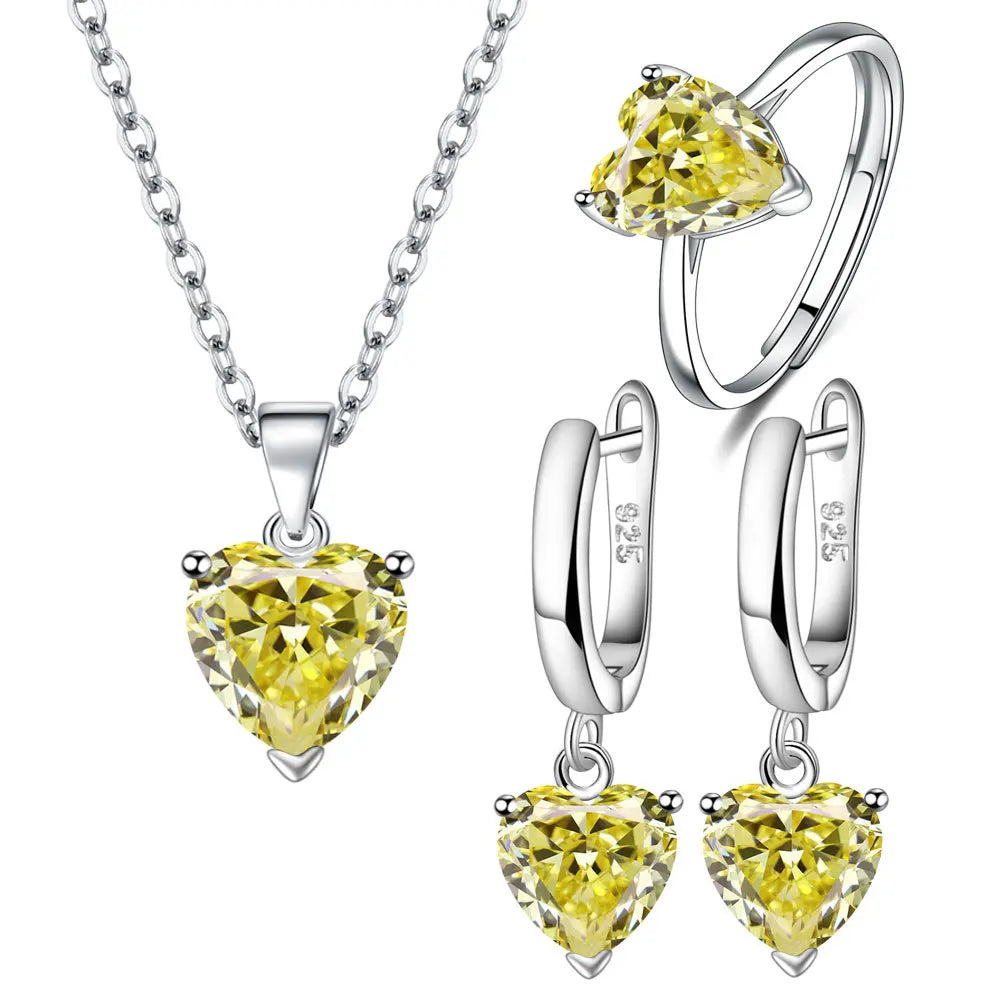 Necklace/Earrings/Ring 925 Sterling Silver Jewelry Sets For Women Heart Zircon  Wedding Bridal Elegant Christmas