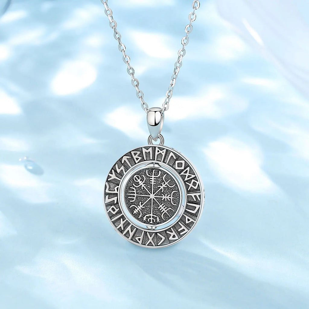 Runes viking 925 Sterling Silver for Women Man Compass Norse Viking Amulet Necklace rotatable