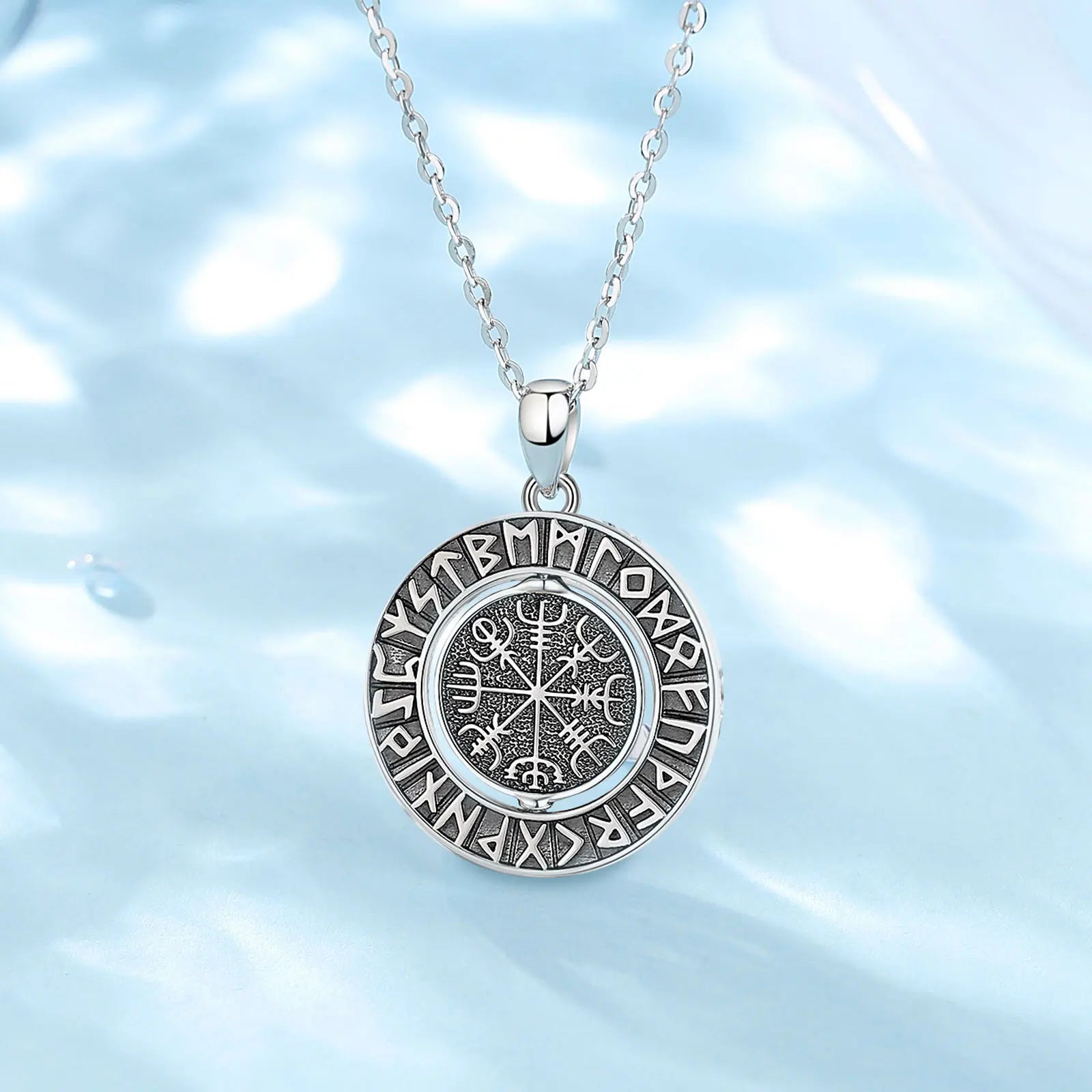 Runes viking 925 Sterling Silver for Women Man Compass Norse Viking Amulet Necklace rotatable