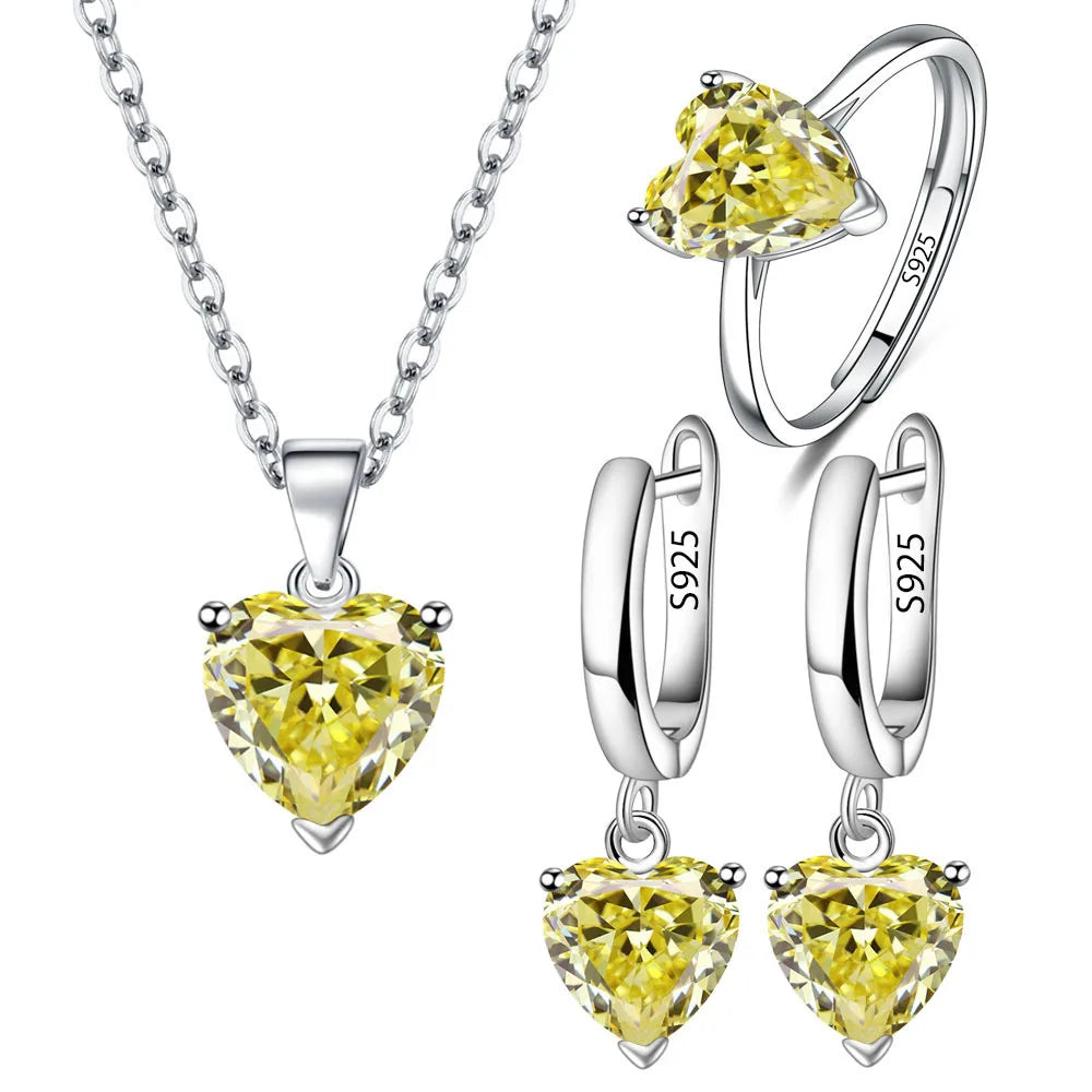 Necklace/Earrings/Ring 925 Sterling Silver Jewelry Sets For Women Heart Zircon  Wedding Bridal Elegant Christmas