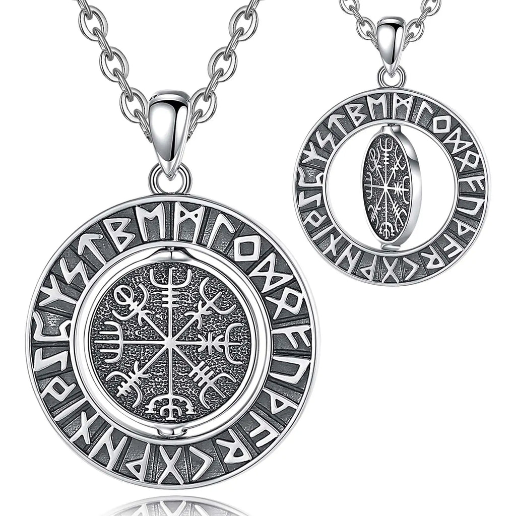 Runes viking 925 Sterling Silver for Women Man Compass Norse Viking Amulet Necklace rotatable