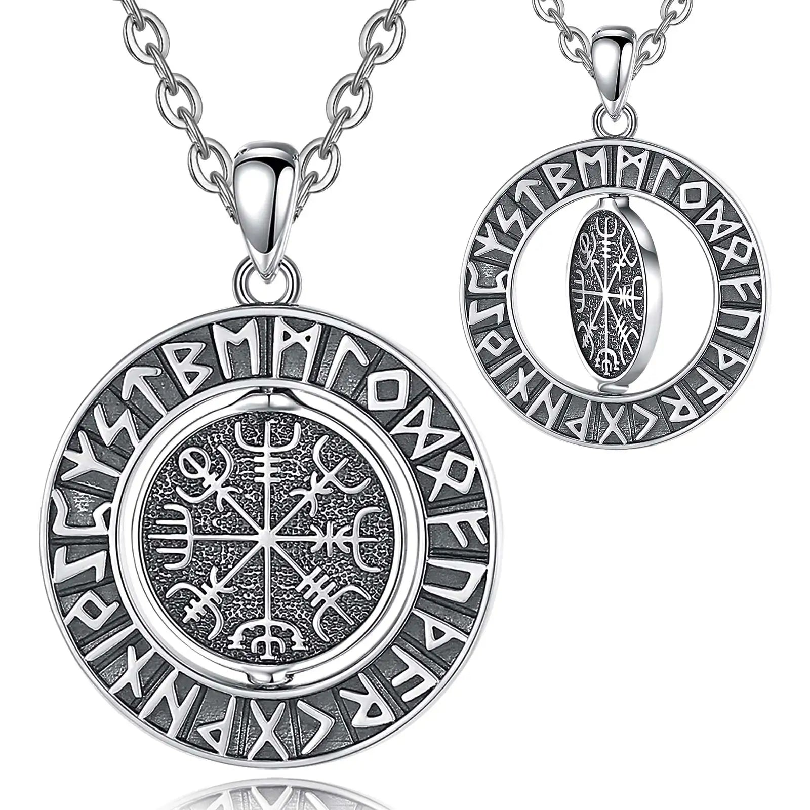 Runes viking 925 Sterling Silver for Women Man Compass Norse Viking Amulet Necklace rotatable