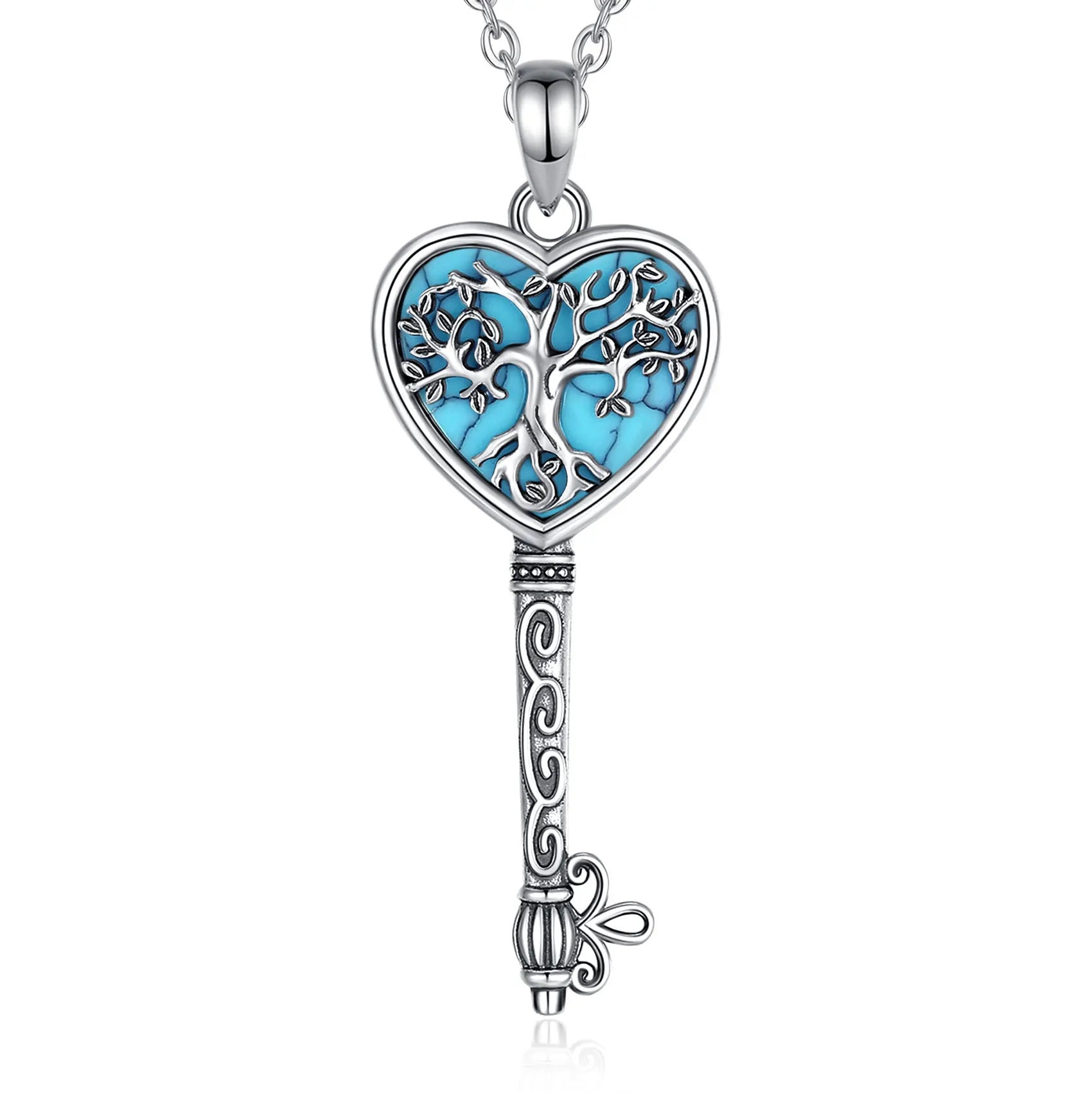 Necklace for Women 925 Sterling Silver Tree of Life Turquoise Yggdrasil key Pendant Tree Heart