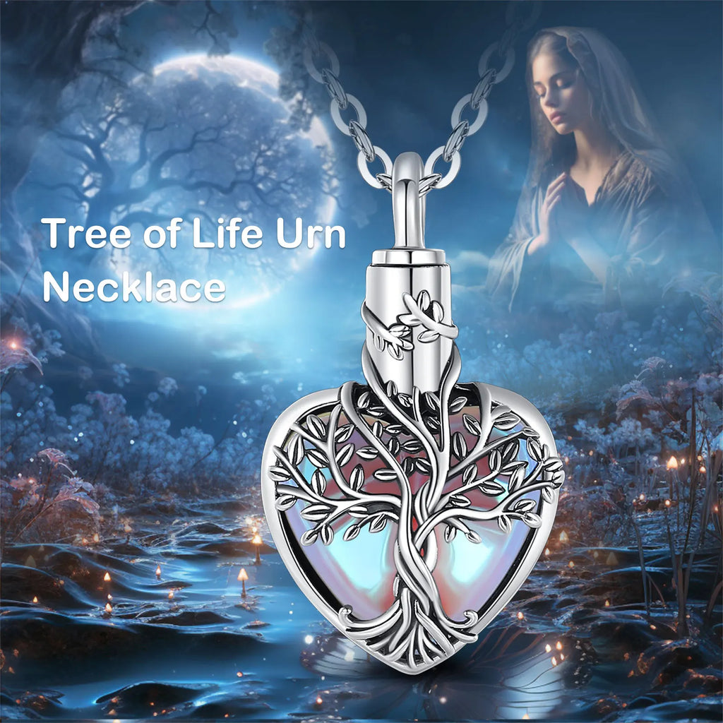 Necklace 925 Sterling Silver Tree of Life Ashes Urn Pendant  Vintage Tree Moonstone Cremation Urn Memorial Jewelry Gift