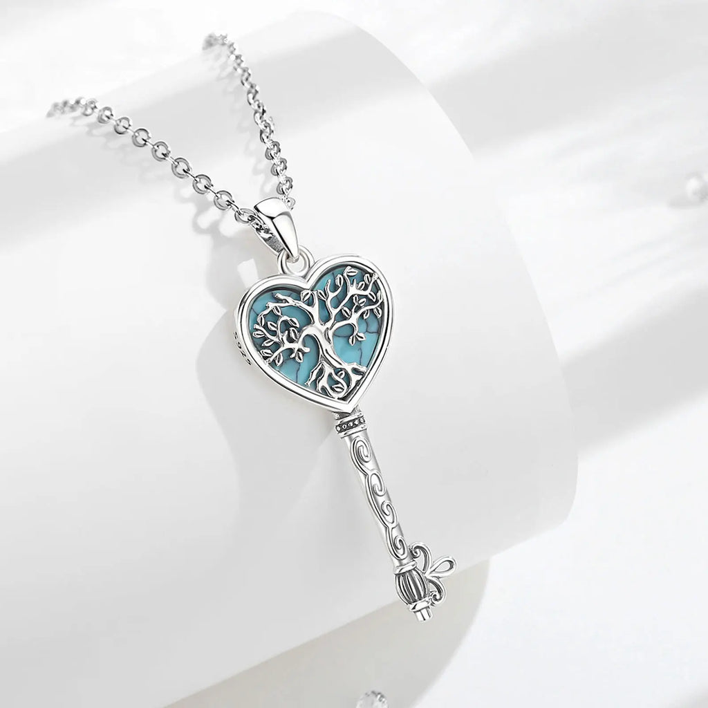 Necklace for Women 925 Sterling Silver Tree of Life Turquoise Yggdrasil key Pendant Tree Heart