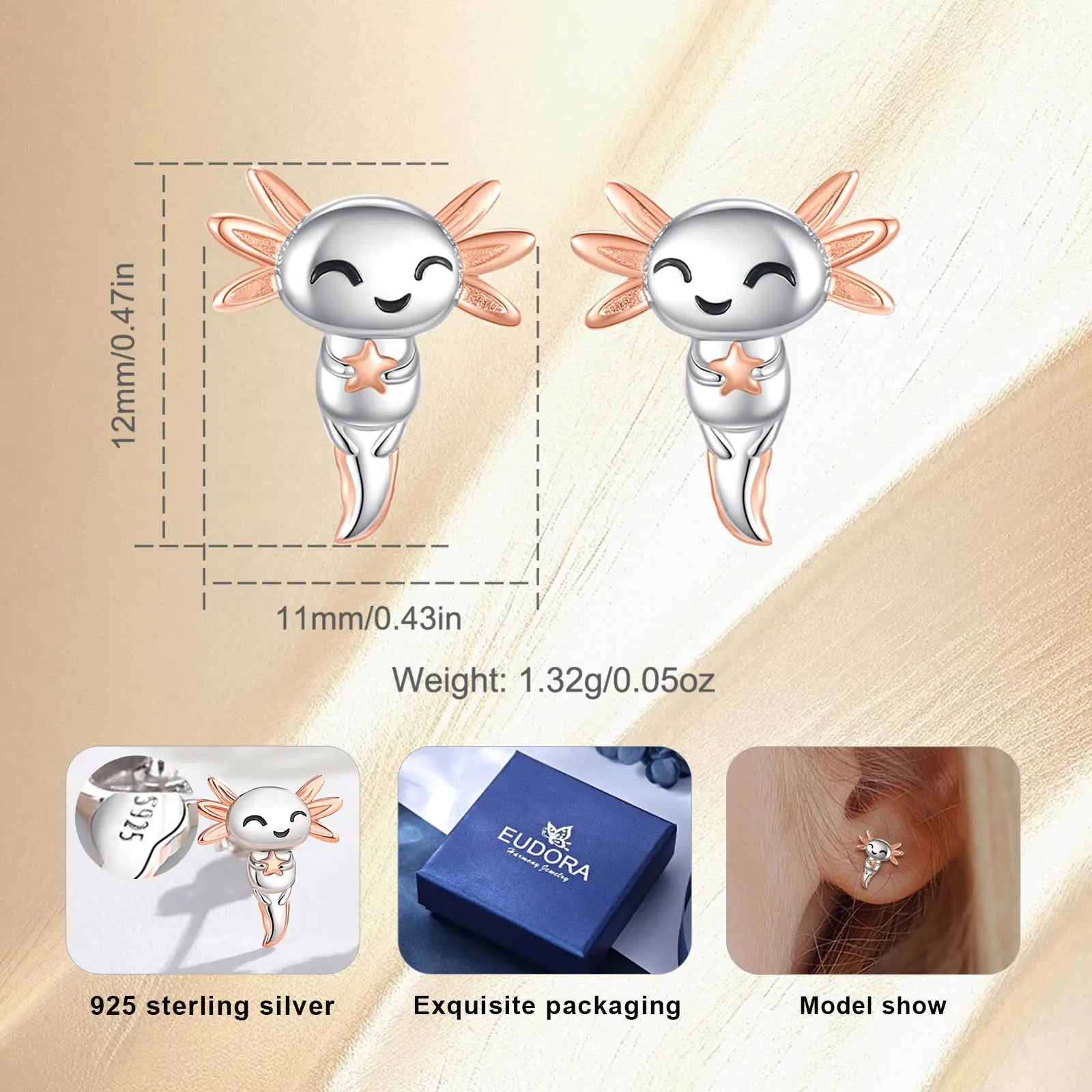 Cute Axolotl 925 Sterling Silver  Earrings Kawaii Zircon Axolotl Stud Earrings Animal Jewelry Christmas Gift for Woman