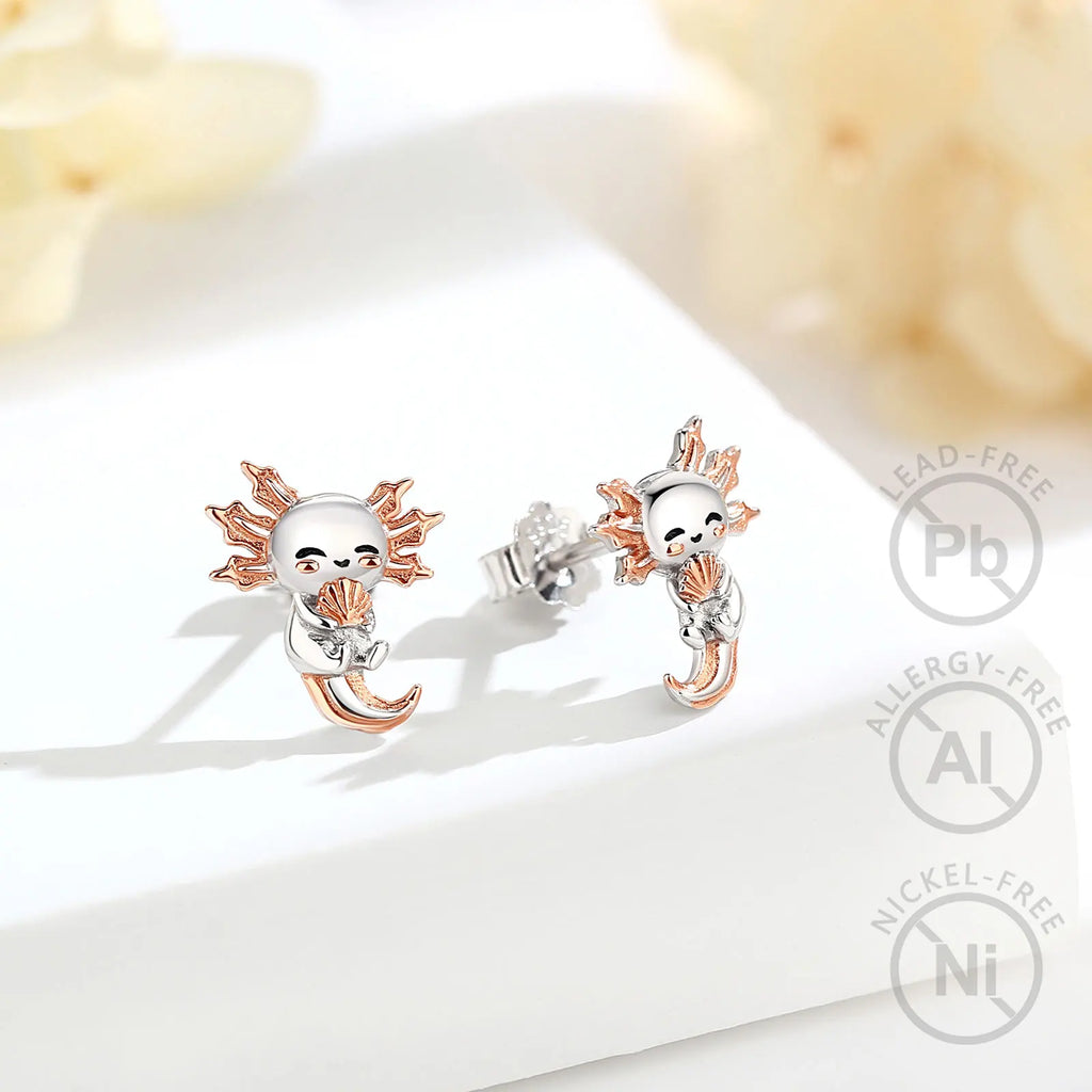 Cute Axolotl 925 Sterling Silver  Earrings Kawaii Zircon Axolotl Stud Earrings Animal Jewelry Christmas Gift for Woman
