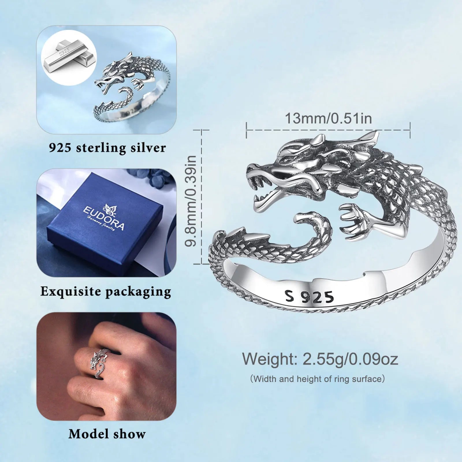 Ring 925 Sterling Silver Cool Dragon Adjustable for Men Women Temperament Personality Dragon Ring vintage Jewelry Gift