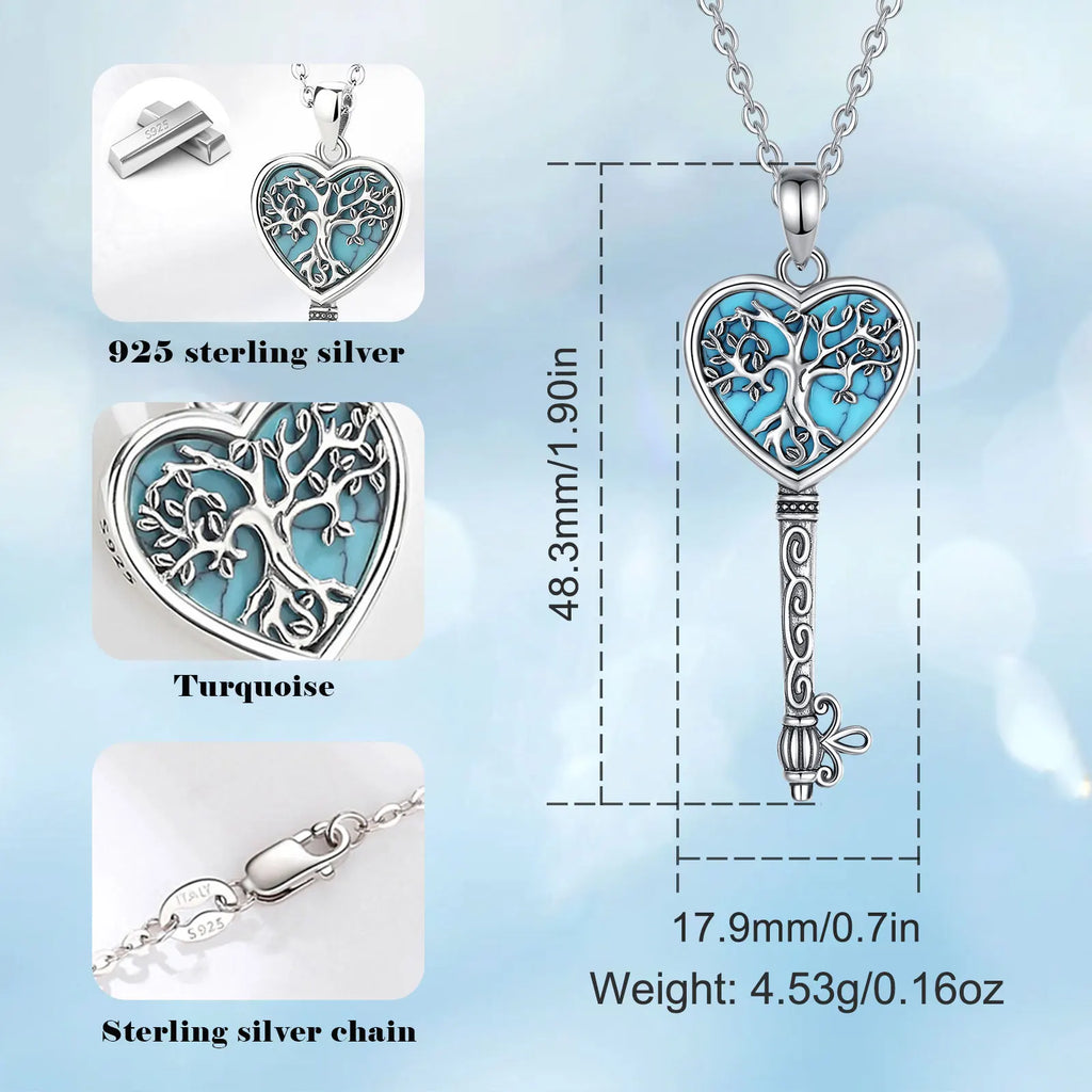 Necklace for Women 925 Sterling Silver Tree of Life Turquoise Yggdrasil key Pendant Tree Heart